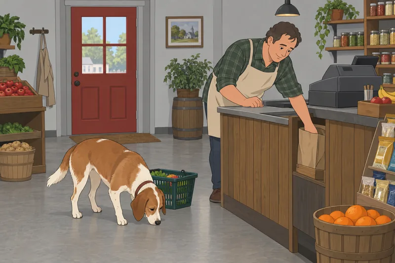 Escena: cuestionario sobre Because, perro en tienda.