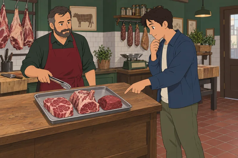 Beef Cuts Quiz shows shoppers comparing beef cuts.