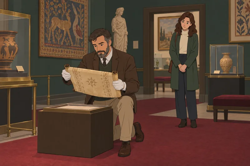 Bible Literacy Quiz: curator examines an ancient scroll.