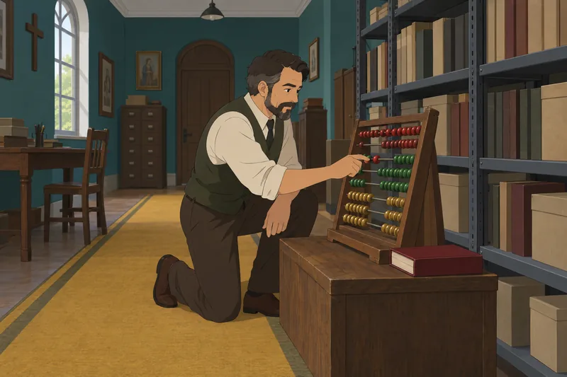 Bible Math Quiz: an archivist sorts counting beads.