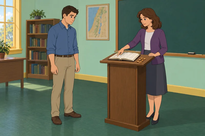 Bible Math Quiz: a teacher checks grouped counters.
