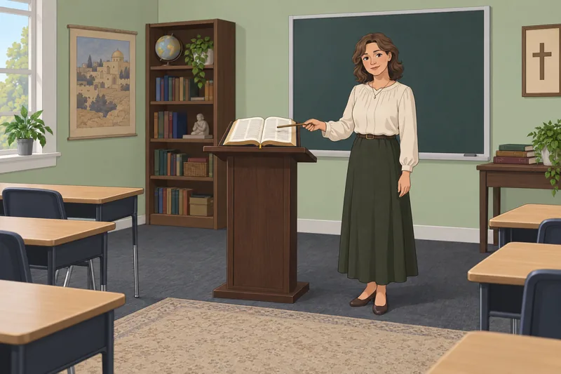 Bible Quiz shows teacher with an open Bible.