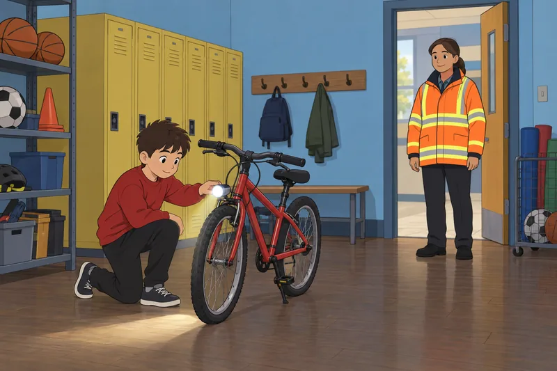 Bike Safety Quiz shows a child testing visibility.