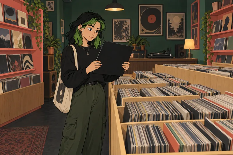 Billie Eilish Quiz shows a fan studying records.
