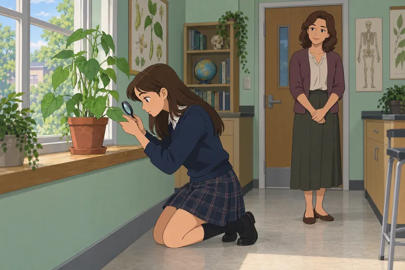 Biology Quiz for students inspect a bean plant.