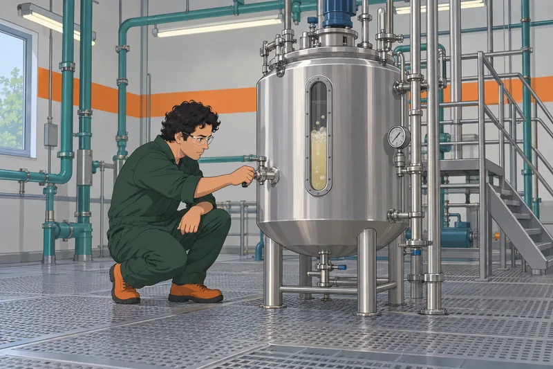 Biotechnology Quiz shows a technician checking a bioreactor.