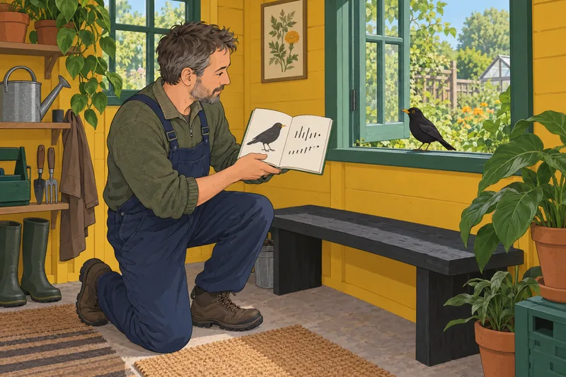 Bird Song Quiz: gardener studies a blackbird guide.