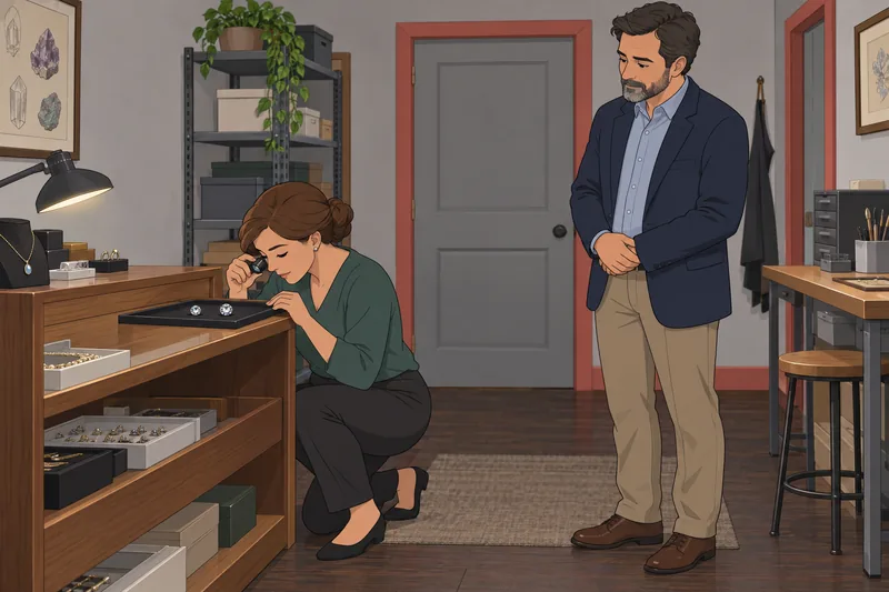 Birthstone Quiz shows a jeweler examining amethyst.