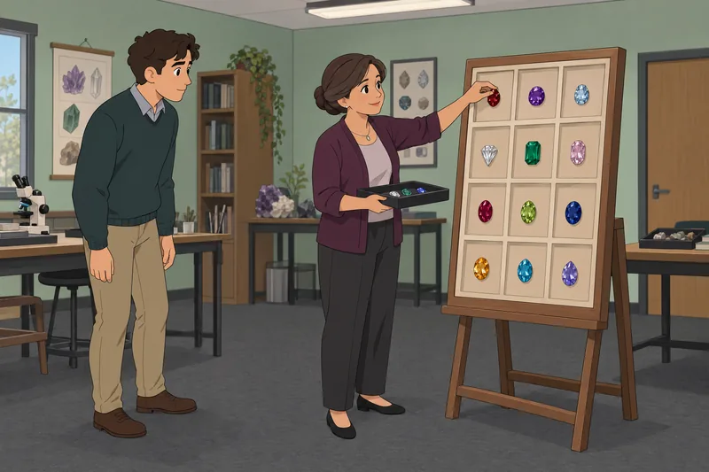 Birthstone Quiz shows a tutor sorting gem samples.