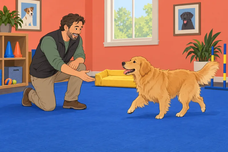 Black Cat or: Golden retriever welcomes its trainer.