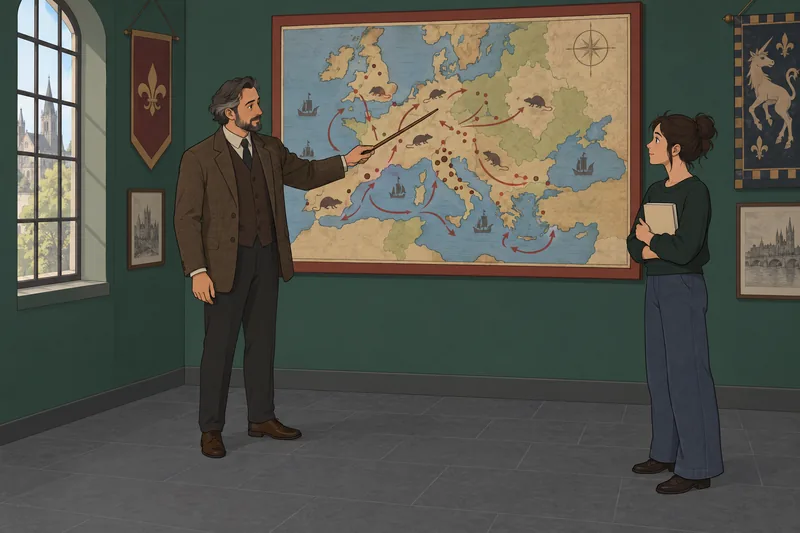 Black Death Quiz: Teacher studies a medieval map.
