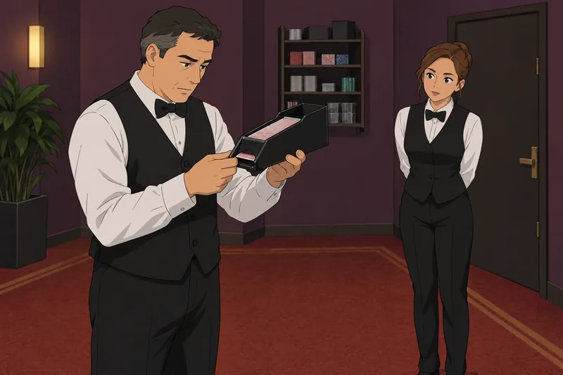 Blackjack Quiz shows a dealer inspecting a shoe.