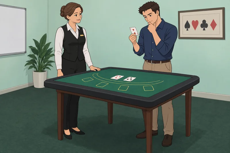 Quiz de blackjack muestra una decisión entre cartas.