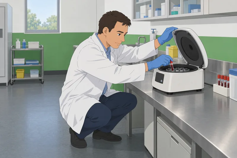Blood Basics Quiz at a hematology lab counter.