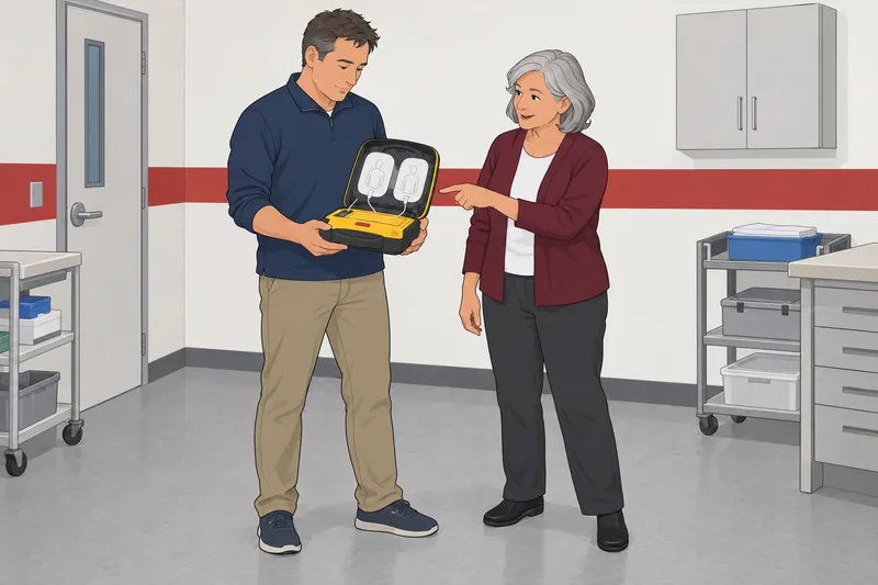 BLS Quiz presents an AED training scene.