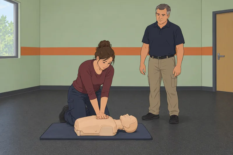 BLS Quiz shows an adult CPR drill.
