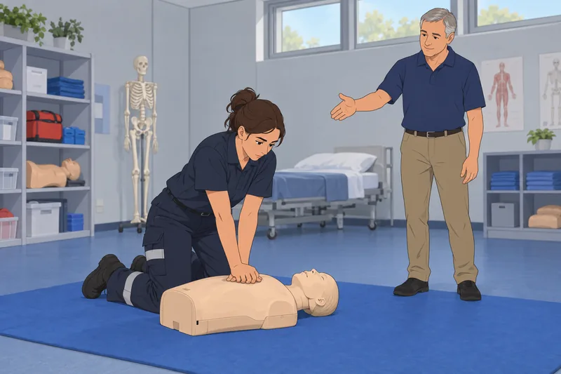 Blue Quiz shows guided CPR practice.