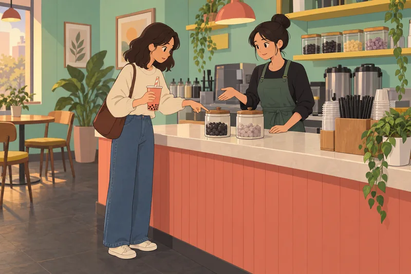 Boba Quiz shows a shopper checking bubble-tea toppings.