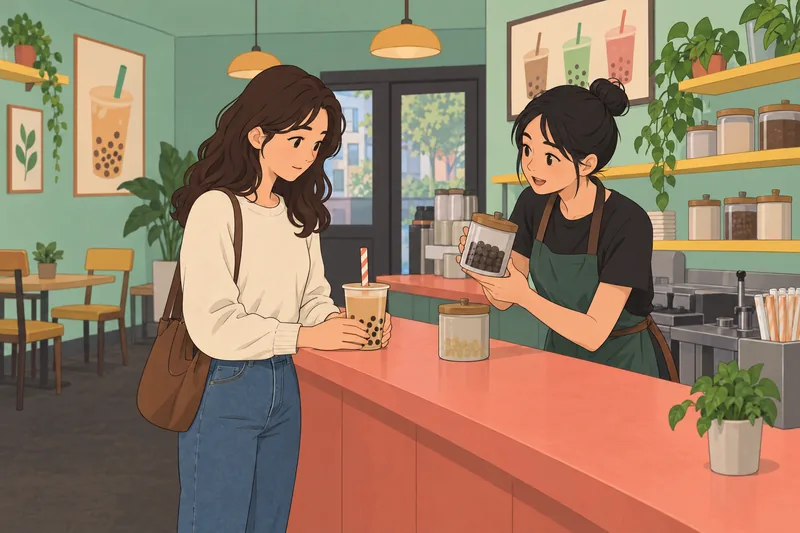 Quiz sobre boba muestra una clienta revisando ingredientes.