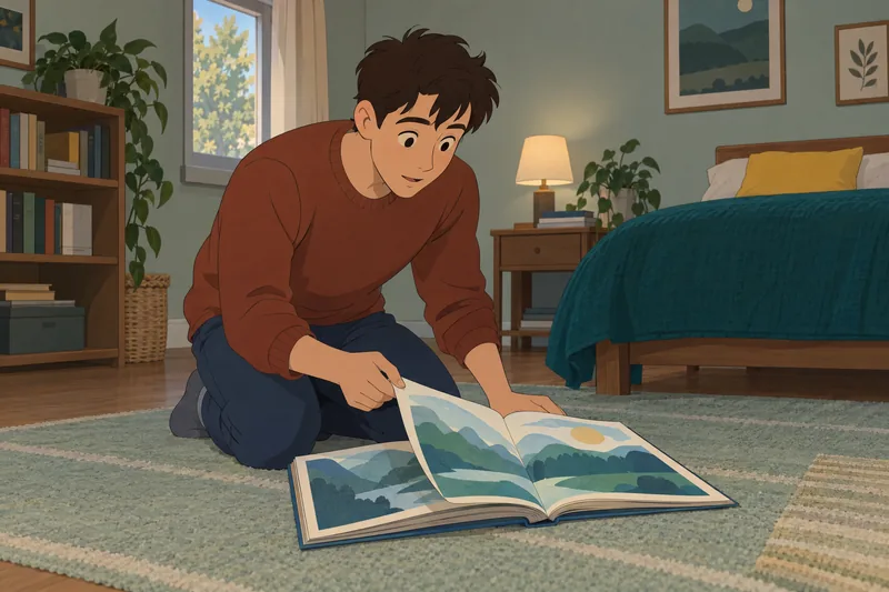 cuestionario de personalidad: lector observa una página ilustrada.