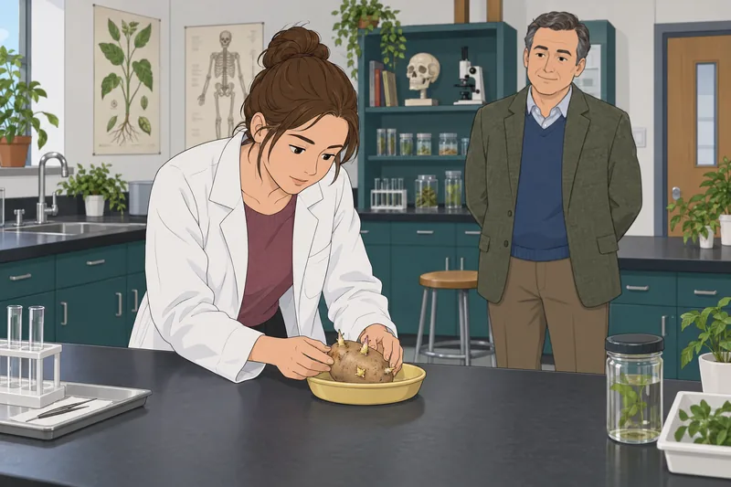 Botany Quiz: learner inspects a sprouting potato.