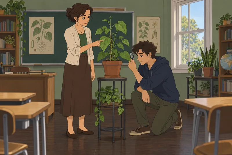 Botany Quiz: teacher studies a bean plant.