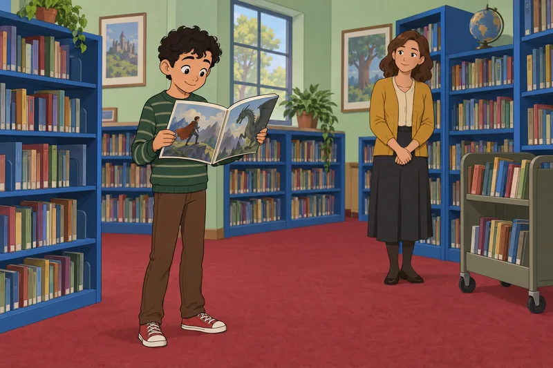 Boy Quiz shows a reader choosing a storybook.