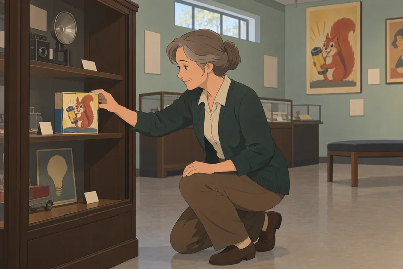 Brand Mascots Quiz: curator places a battery tin.