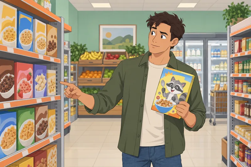 Brand Mascots Quiz: shopper studies a mascot box.