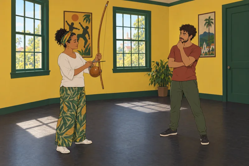 Brazil Quiz scene: a musician plays a berimbau.