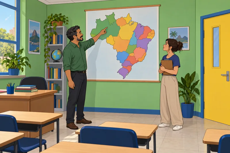 Brazil Quiz scene: a teacher studies a globe.