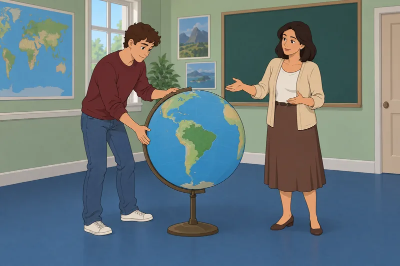 Escena: cuestionario sobre Brasil junto a un globo.