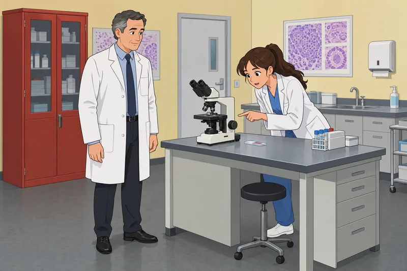 Un cuestionario sobre el cáncer observa una biopsia.