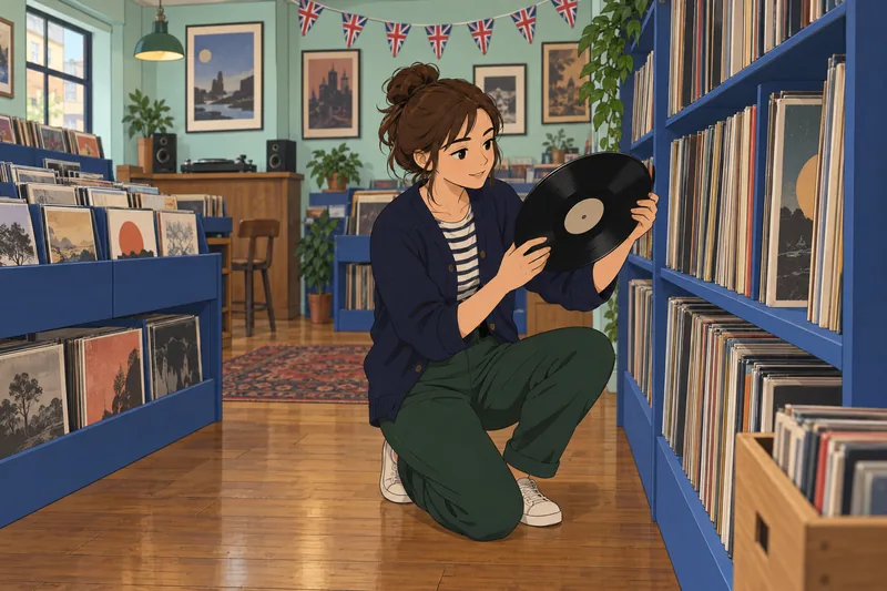 British Music Quiz: clerk studies a record.