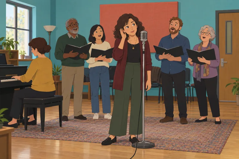 Quiz de música: una directora ajusta un micrófono.