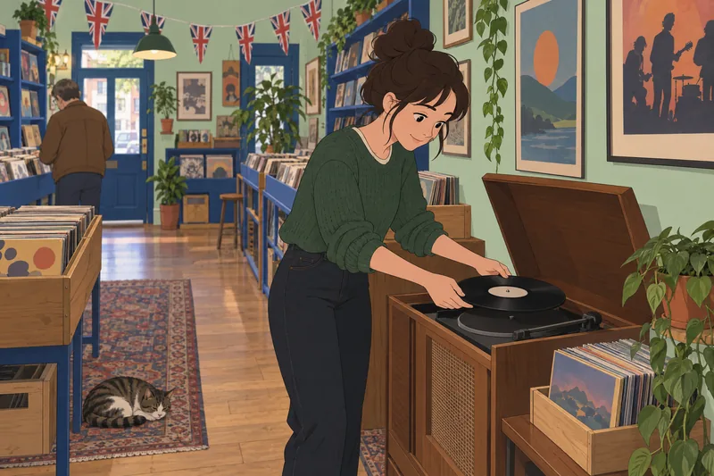Quiz de música: una empleada observa un disco.