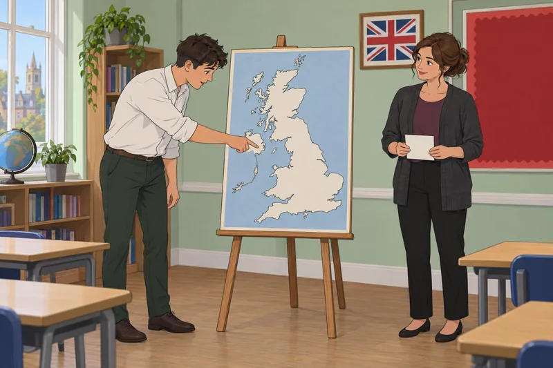 British Quiz shows a learner studying Britain’s map.