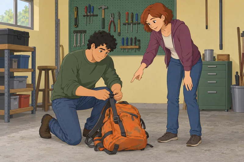 Brother and Sister mend a backpack together.