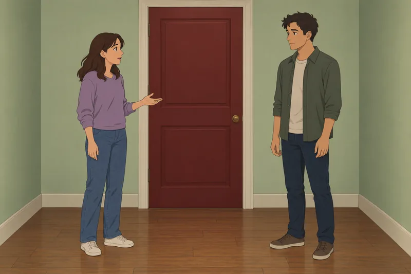 Brother and Sister discuss quietly by a door.
