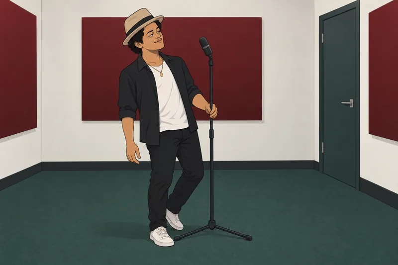 Bruno Mars Quiz beside a studio microphone.
