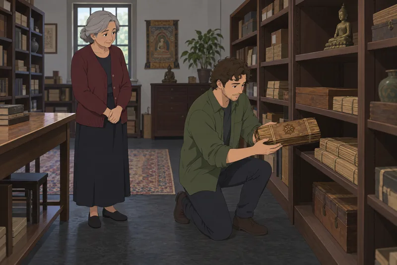 Buddhism Quiz researcher examines a palm-leaf manuscript.
