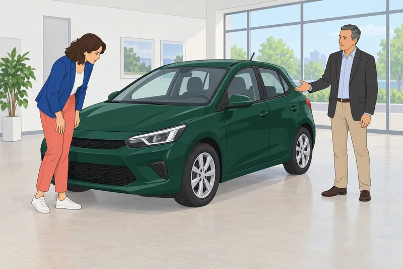 Buying a Car shows a careful showroom inspection.