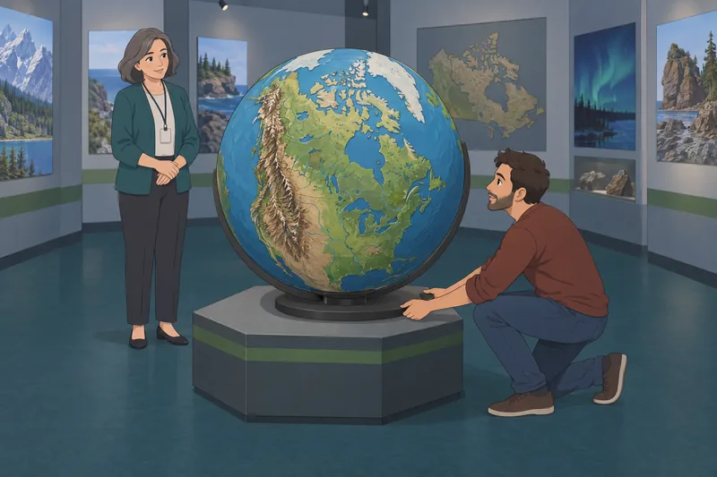 Canada Physical Features fill a museum relief globe.