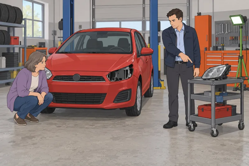 Car Insurance Quiz examines a damaged headlamp.