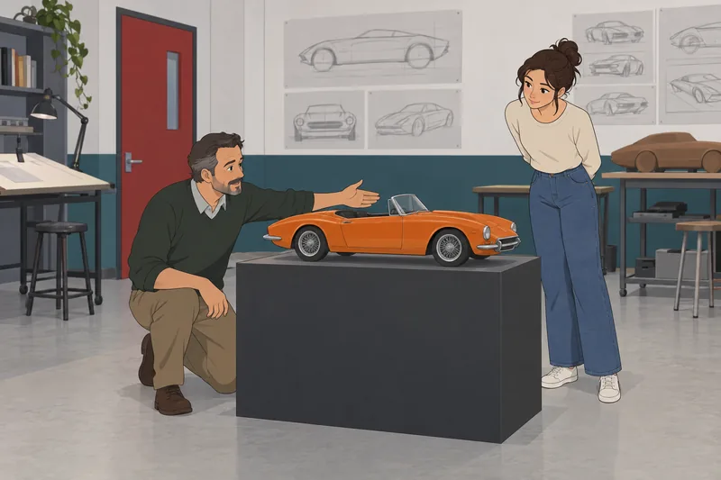 Car Model Quiz: An instructor studies a roadster.