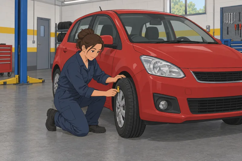 Car Quiz shows a mechanic checking tire tread.