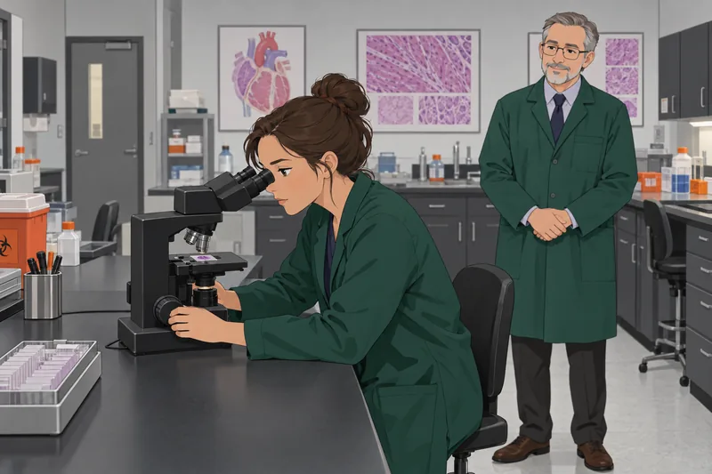 Cardiac Pathology Quiz: resident examines a heart slide.