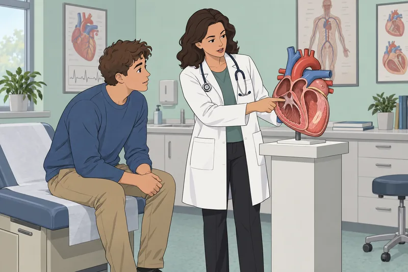 Cardiac Pathology Quiz: clinician studies a heart model.