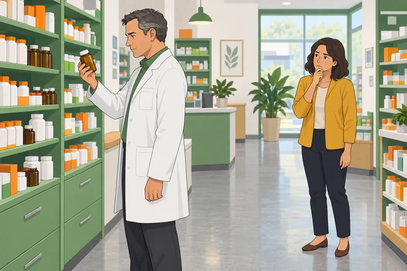 Care/of Vitamin Quiz examines a vitamin bottle.