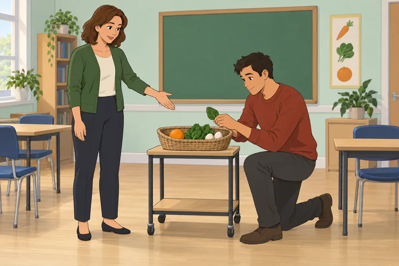 Care/of Vitamin Quiz appears in a food-learning classroom.